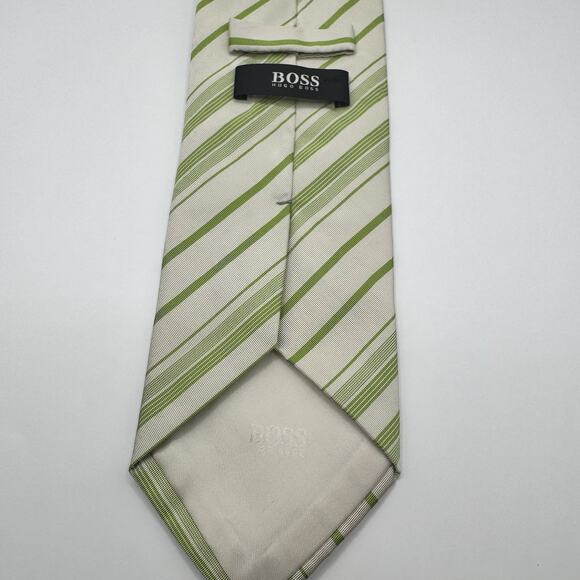 Hugo Boss Striped Silk/Cotton Tie Made in Italy ~60” x ~3.5” Green/Cream - Picture 3 of 4